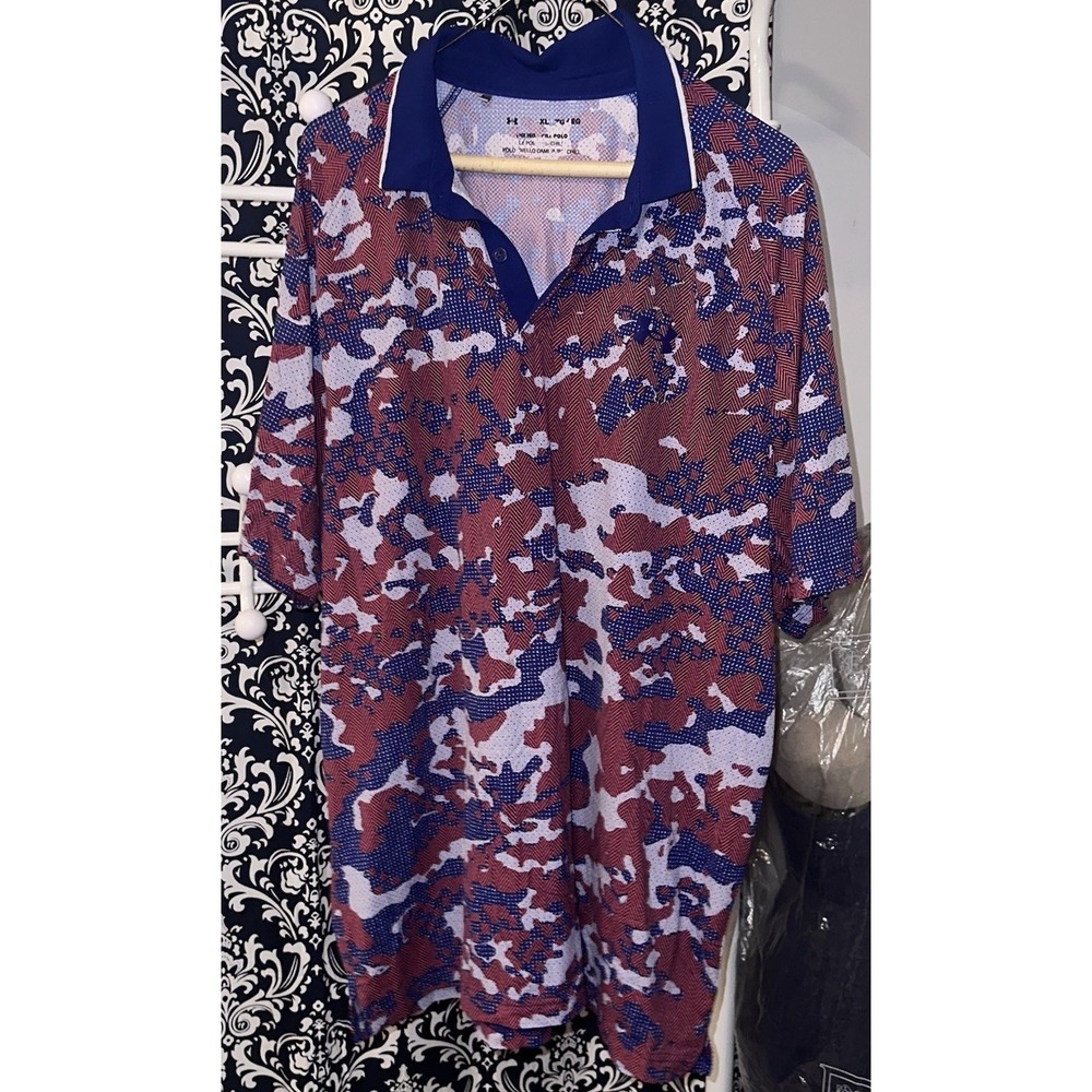 Under Armour The Iso chill Polo Red Blue Camo Shirt Men Size Extra Large Golf XL